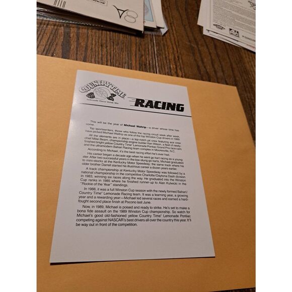 Vintage 1989 Michael Waltrip Country Time Racing Driver Card NASCAR Pontiac - Picture 2 of 2
